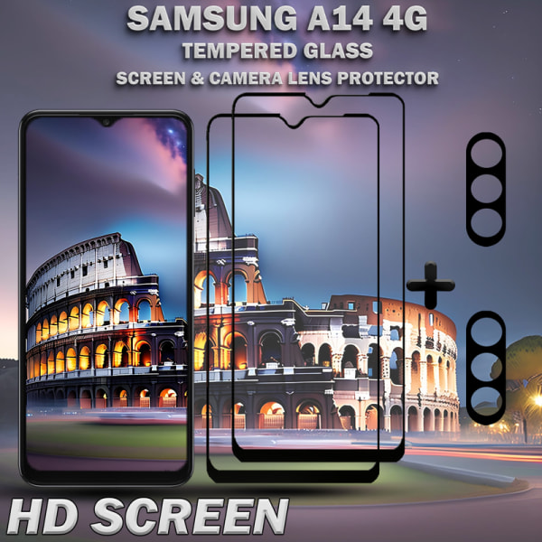 2-Pack Samsung A14 4G Skärmskydd & 2-Pack linsskydd - Härdat Glas 9H - Super kvalitet 3D
