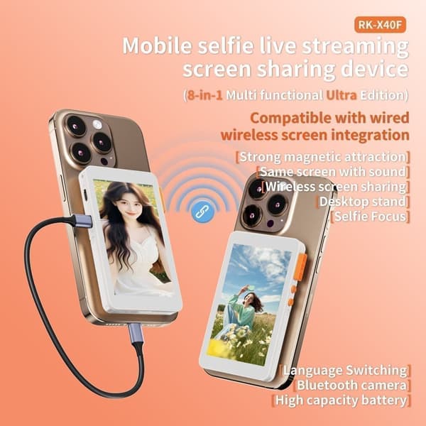 Magnetisk selvmonitor til livestreaming, kompatibel med iPhone og Android