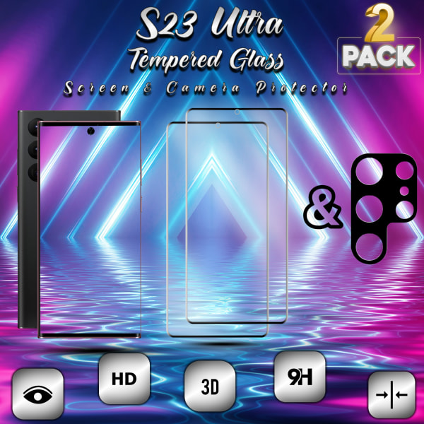 2-Pack Samsung S23 Ultra Skärmskydd & 1-Pack linsskydd - Härdat Glas 9H - Super kvalitet 3D
