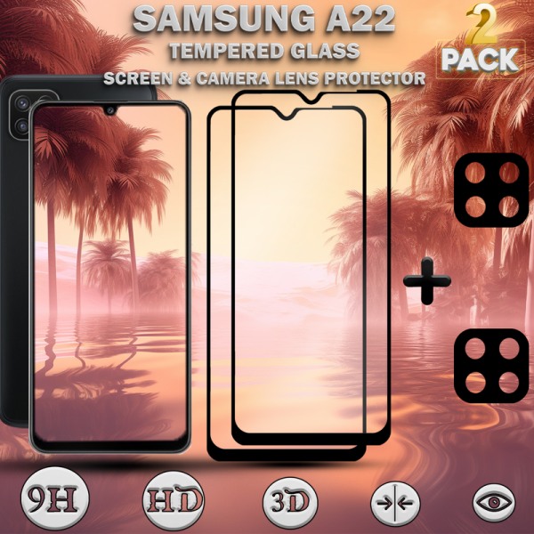 2-Pack Samsung A22 Skärmskydd & 2-Pack linsskydd - Härdat Glas 9H - Super kvalitet 3D