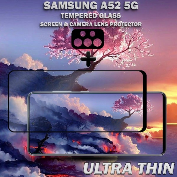 1-Pack SAMSUNG A52 Näytönsuoja & 1-Pack linssinsuoja - Karkaistu Lasi 9H - Super laatu 3D