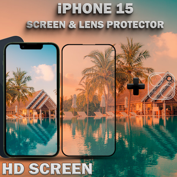 1-Pack IPHONE 15 Skærmbeskyttelse & 1-Pack linsebeskyttelse - Hærdet Glas 9H - Super kvalitet 3D