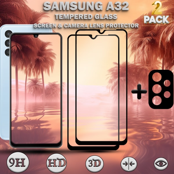 2-Pack SAMSUNG A32 Skærmbeskyttelse & 1-Pack linsebeskyttelse - Hærdet Glas 9H - Super kvalitet 3D