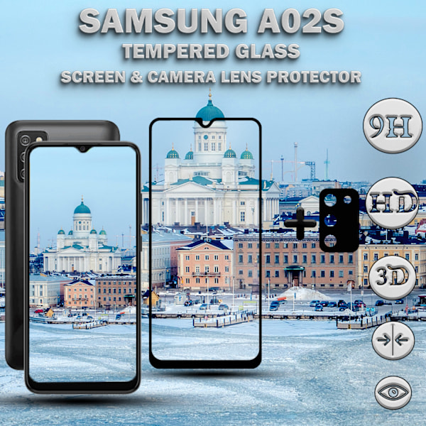 1-Pack Samsung A02s Skärmskydd & 1-Pack linsskydd - Härdat Glas 9H - Super kvalitet 3D