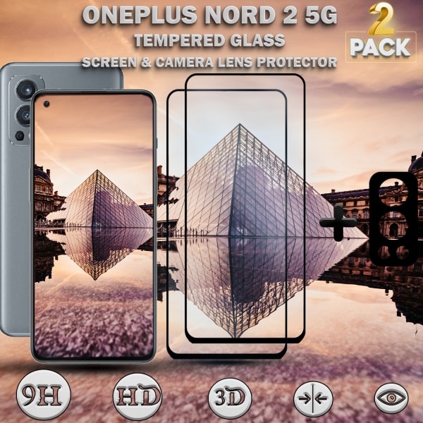 2-Pack OnePlus Nord 2 5G & 1-Pack linsskydd - Härdat Glas 9H - Super kvalitet 3D