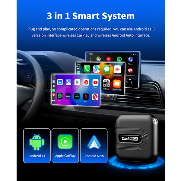 CarAiBox langaton Apple CarPlay ja Android Auto -sovitin, Netflix & YouTube-tuki, Plug & Play, GPS, 5G WiFi ja Bluetooth 5.0