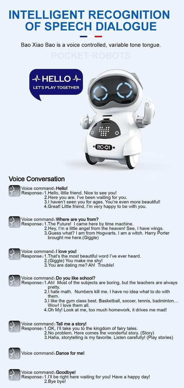 Interaktiv robotleksak med taligenkänning och röstbyte Blå