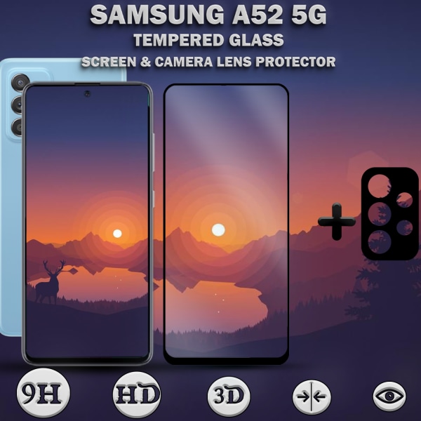 1-Pack Samsung A52 (5G) Skärmskydd & 1-Pack linsskydd - Härdat Glas 9H - Super kvalitet 3D