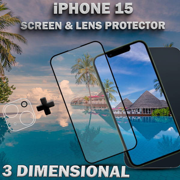 1-Pack IPHONE 15 Skærmbeskyttelse & 1-Pack linsebeskyttelse - Hærdet Glas 9H - Super kvalitet 3D