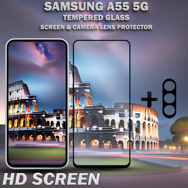 1-Pack SAMSUNG A55 5G Skärmskydd & 1-Pack linsskydd - Härdat Glas 9H - Super kvalitet 3D