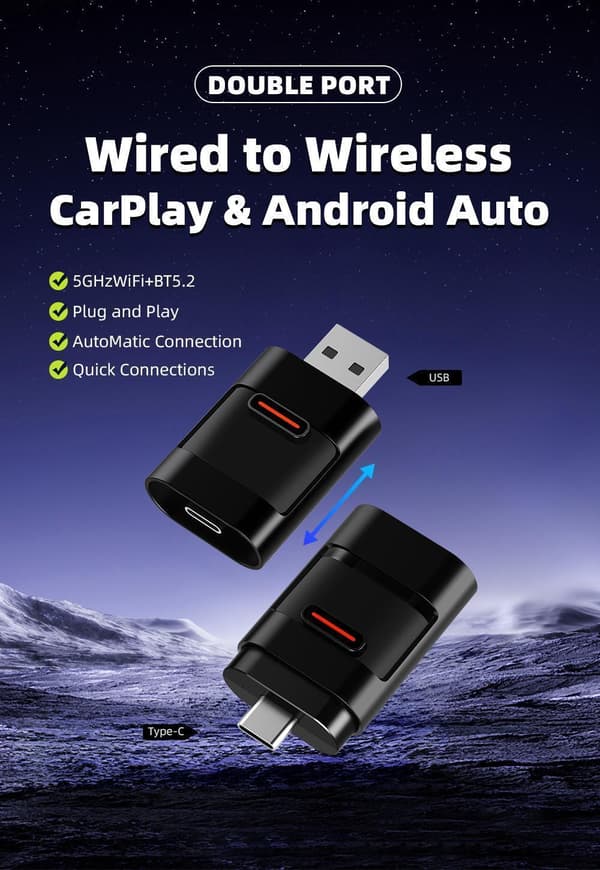 Trådløs adapter til CarPlay og Android Auto med USB- og Type-C porte