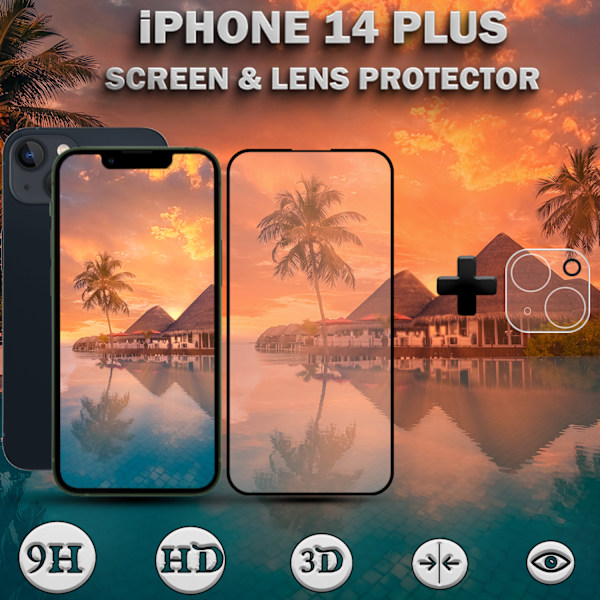 1-Pack IPHONE 14 PLUS Skærmbeskyttelse & 1-Pack linsebeskyttelse - Hærdet Glas 9H - Super kvalitet 3D