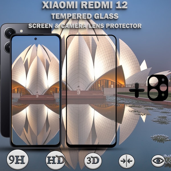 1-Pack XIAOMI REDMI 12 Skärmskydd & 1-Pack linsskydd - Härdat Glas 9H - Super kvalitet 3D