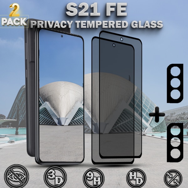 2-Pack Privacy SAMSUNG S21 FE Skärmskydd & 2-Pack linsskydd - Härdat Glas 9H - Super kvalitet 3D