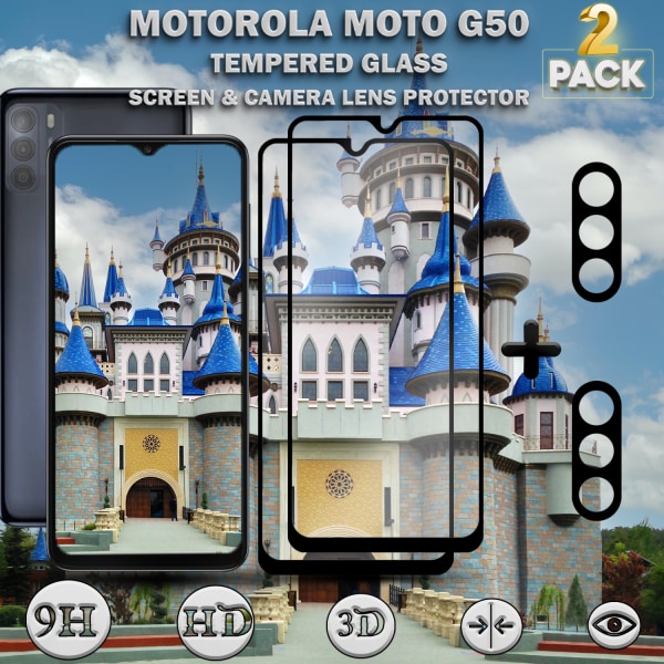 2-Pack Motorola Moto G50 Skärmskydd & 2-Pack linsskydd - Härdat Glas 9H - Super kvalitet 3D