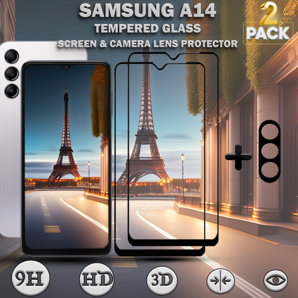 2-Pack Samsung A14 Skärmskydd & 1-Pack linsskydd - Härdat Glas 9H - Super kvalitet 3D