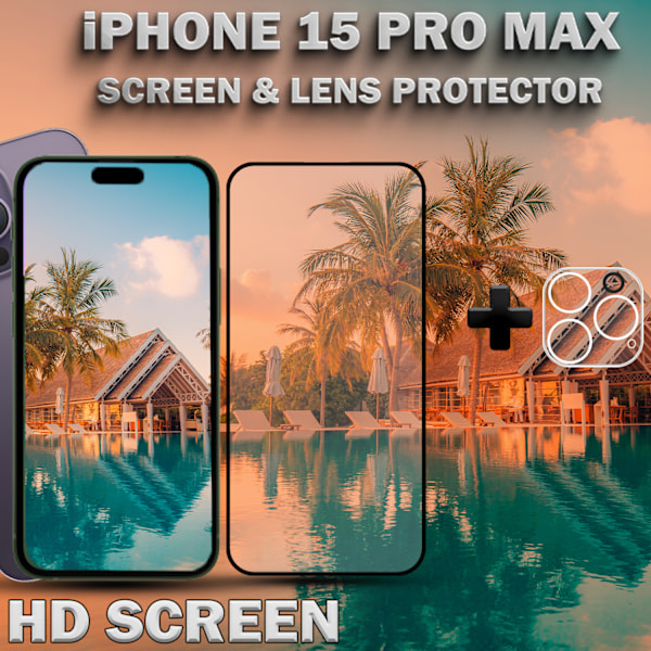 1-Pack IPHONE 15 PRO MAX Skærmbeskyttelse & 1-Pack linsebeskyttelse - Hærdet Glas 9H - Super kvalitet 3D