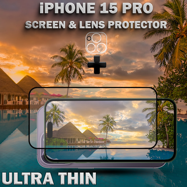 1-Pack iPhone 15 Pro - skärmskydd & 1-Pack linsskydd -härdat glas 9H