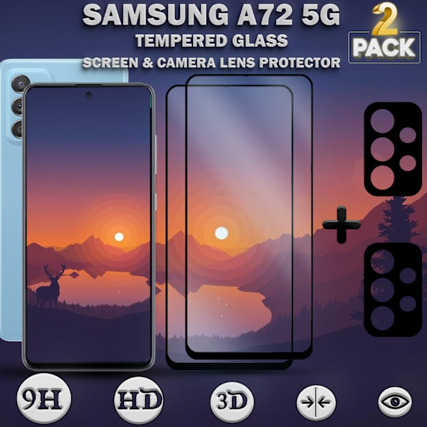 2-Pack SAMSUNG A72 Skærmbeskyttelse & 2-Pack linsebeskyttelse - Hærdet Glas 9H - Super kvalitet 3D