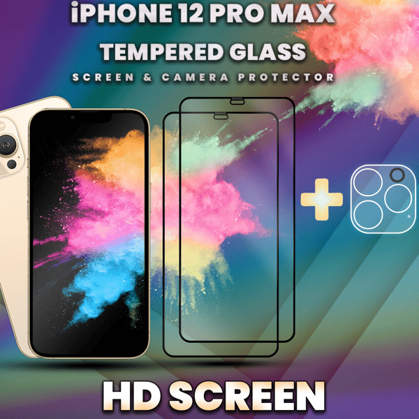 2-Pack iPhone 12 Pro Max -Skärmskydd & 1-Pack linsskydd- 9H Glas