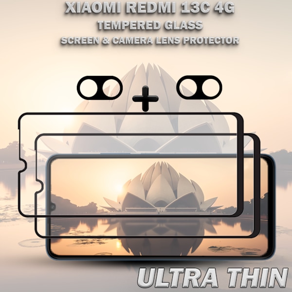 2-Pack XIAOMI REDMI 13C Skærmbeskyttelse & 2-Pack linsebeskyttelse - Hærdet Glas 9H - Super kvalitet 3D