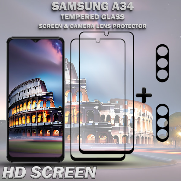 2-Pack SAMSUNG A34 Skærmbeskyttelse & 2-Pack linsebeskyttelse - Hærdet Glas 9H - Super kvalitet 3D