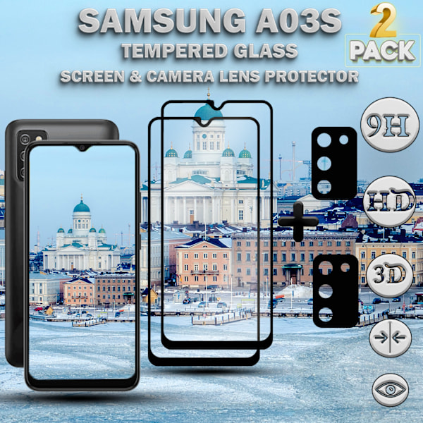 2-Pack SAMSUNG A03S Skærmbeskyttelse & 2-Pack linsebeskyttelse - Hærdet Glas 9H - Super kvalitet 3D