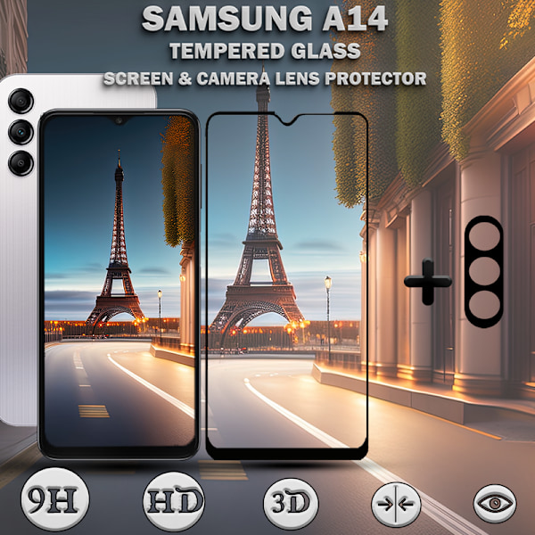 1-Pack SAMSUNG A14 Skærmbeskyttelse & 1-Pack linsebeskyttelse - Hærdet Glas 9H - Super kvalitet 3D
