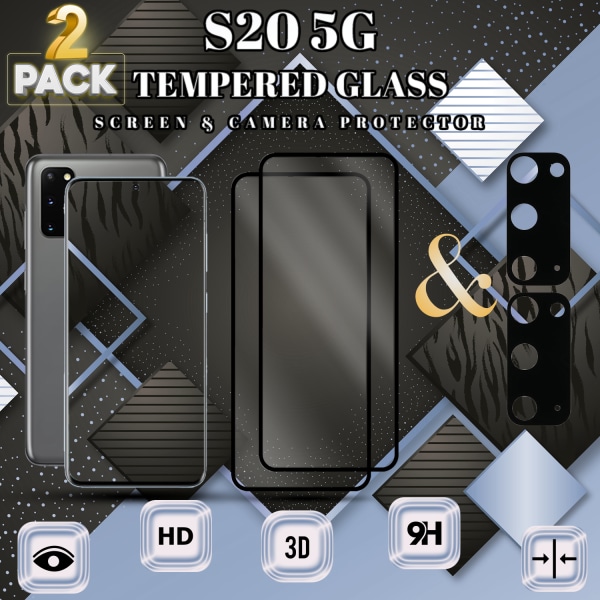2-Pack Samsung S20 (5G) Skärmskydd & 2-Pack linsskydd - Härdat Glas 9H - Super kvalitet 3D