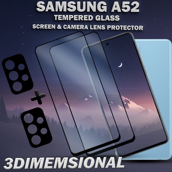 2-Pack SAMSUNG A52 Skærmbeskyttelse & 2-Pack linsebeskyttelse - Hærdet Glas 9H - Super kvalitet 3D