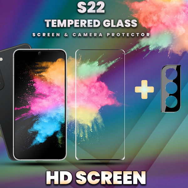 1-Pack SAMSUNG S22 Skærmbeskyttelse & 1-Pack linsebeskyttelse - Hærdet Glas 9H - Super kvalitet 3D