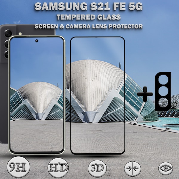 1-Pack SAMSUNG S21 FE Skærmbeskyttelse & 1-Pack linsebeskyttelse - Hærdet Glas 9H - Super kvalitet 3D