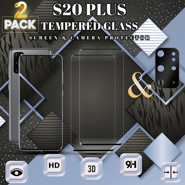 2-Pack SAMSUNG S20 PLUS Skærmbeskyttelse & 1-Pack linsebeskyttelse - Hærdet Glas 9H - Super kvalitet 3D