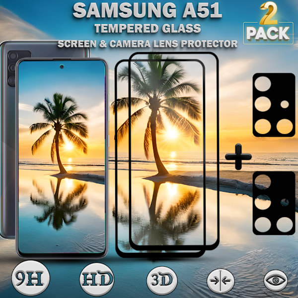 2-Pack SAMSUNG A51 Skærmbeskyttelse & 2-Pack linsebeskyttelse - Hærdet Glas 9H - Super kvalitet 3D