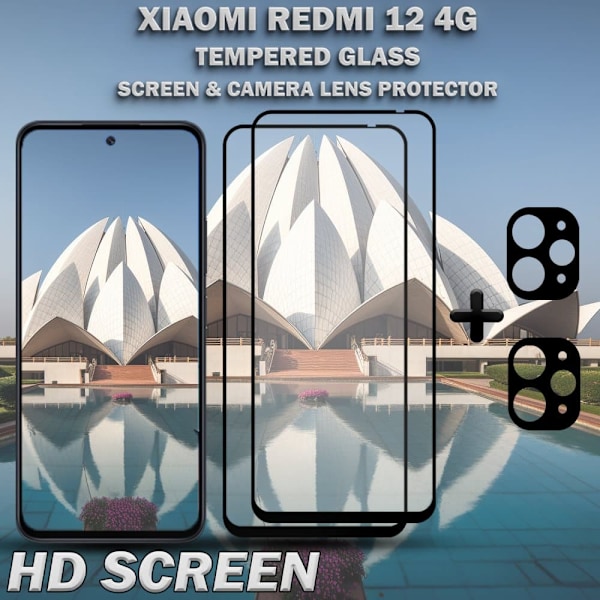 2-Pack XIAOMI REDMI 12 Skærmbeskyttelse & 2-Pack linsebeskyttelse - Hærdet Glas 9H - Super kvalitet 3D