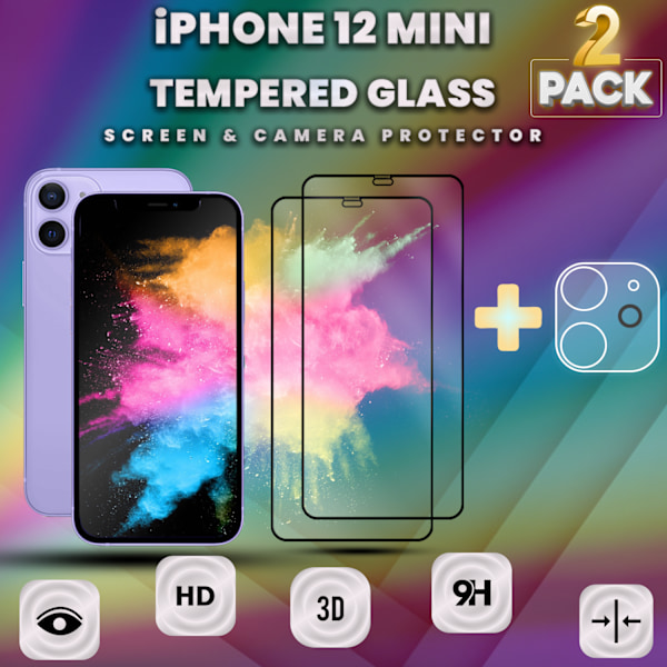 2-Pack iPhone 12 Mini -Skärmskydd & 1-Pack linsskydd-Härdat Glas