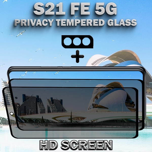 2-Pack Privacy SAMSUNG S21 FE 5G Skärmskydd & 1-Pack linsskydd - Härdat Glas 9H - Super kvalitet 3D
