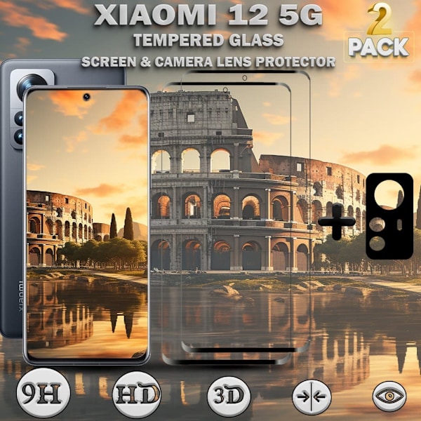 2-Pack XIAOMI 12 Skærmbeskyttelse & 1-Pack linsebeskyttelse - Hærdet Glas 9H - Super kvalitet 3D