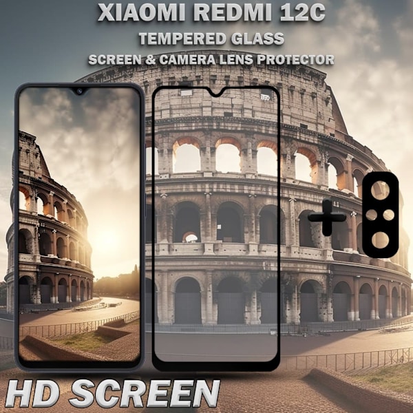 1-Pack XIAOMI REDMI 12C Skärmskydd & 1-Pack linsskydd - Härdat Glas 9H - Super kvalitet 3D