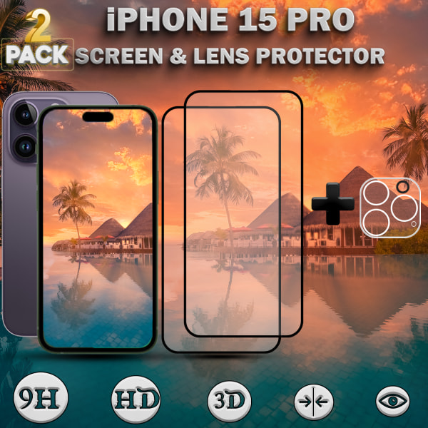 2-Pack IPHONE 15 PRO Skærmbeskyttelse & 1-Pack linsebeskyttelse - Hærdet Glas 9H - Super kvalitet 3D