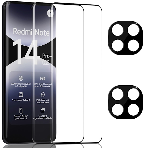2-Pack Xiaomi Redmi Note 14 Pro Plus Skärmskydd & 2-Pack linsskydd - Härdat Glas 9H - Super kvalitet 3D