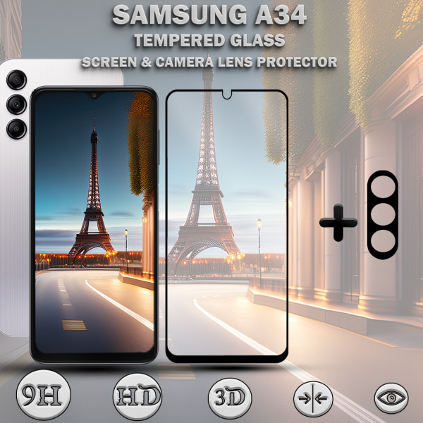 1-Pack SAMSUNG A34 Skärmskydd & 1-Pack linsskydd - Härdat Glas 9H - Super kvalitet 3D