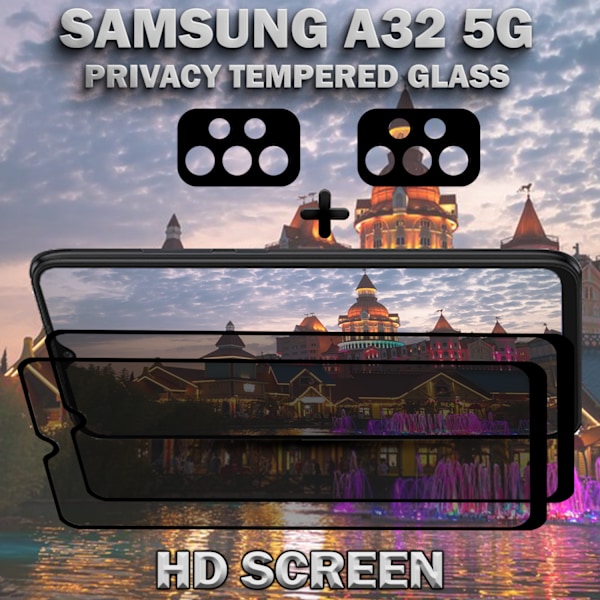 2-Pack Privacy Samsung A32 (5G) Skärmskydd & 2-Pack linsskydd - Härdat Glas 9H - Super kvalitet 3D