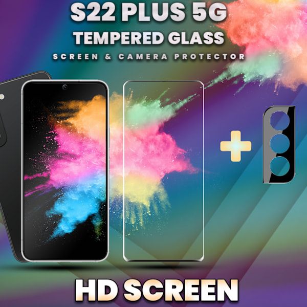1-Pack SAMSUNG S22 PLUS Skærmbeskyttelse & 1-Pack linsebeskyttelse - Hærdet Glas 9H - Super kvalitet 3D