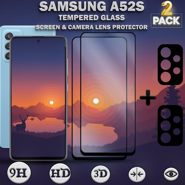 2-Pack SAMSUNG A52S Näytönsuoja & 2-Pack linssinsuoja - Karkaistu Lasi 9H - Super laatu 3D