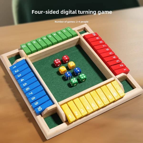 Shut the Box brætspil i træ – terningespil for 2–4 spillere, kompakt og bærbart