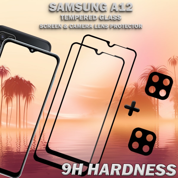 2-Pack Samsung A12 Skärmskydd & 2-Pack linsskydd - Härdat Glas 9H - Super kvalitet 3D