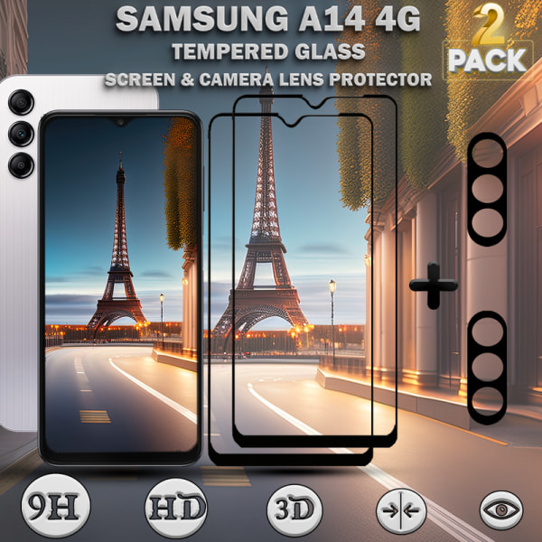 2-Pack Samsung A14 4G Skärmskydd & 2-Pack linsskydd - Härdat Glas 9H - Super kvalitet 3D