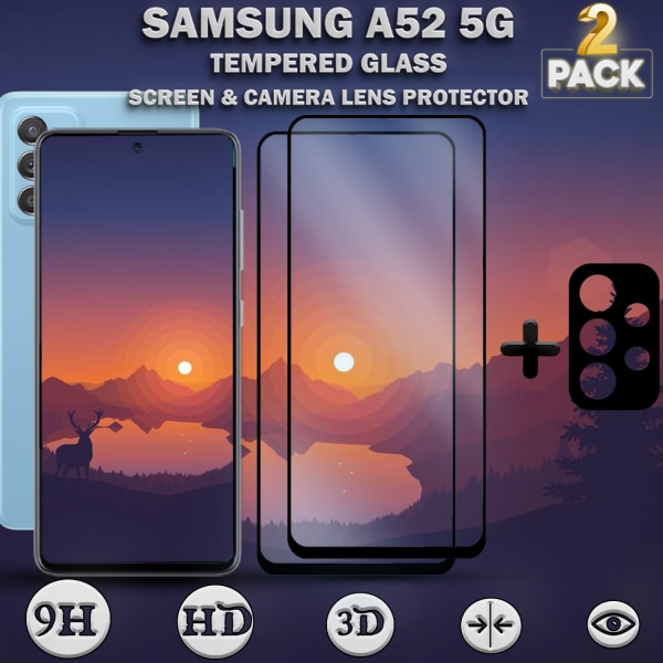 2-Pack Samsung A52 (5G) Skärmskydd & 1-Pack linsskydd - Härdat Glas 9H - Super kvalitet 3D