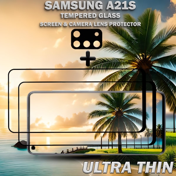 2-Pack Samsung A21s Skärmskydd & 1-Pack linsskydd - Härdat Glas 9H - Super kvalitet 3D
